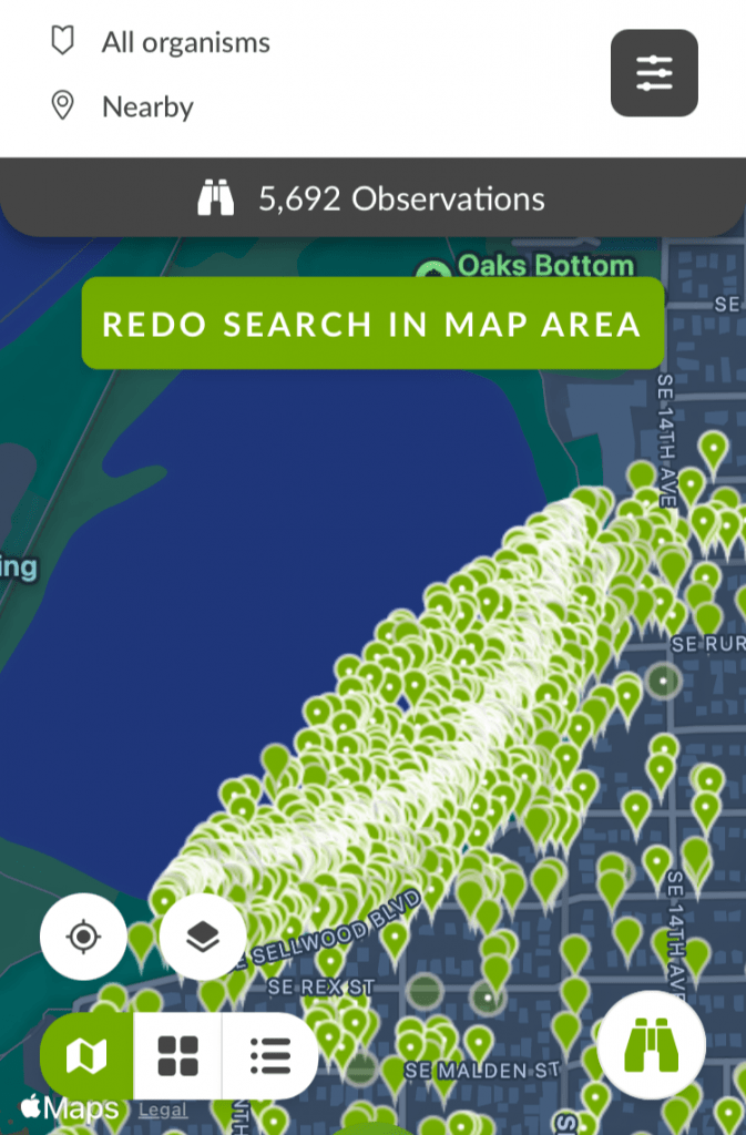 a map of iNaturalst observations within the Oaks Bottom area